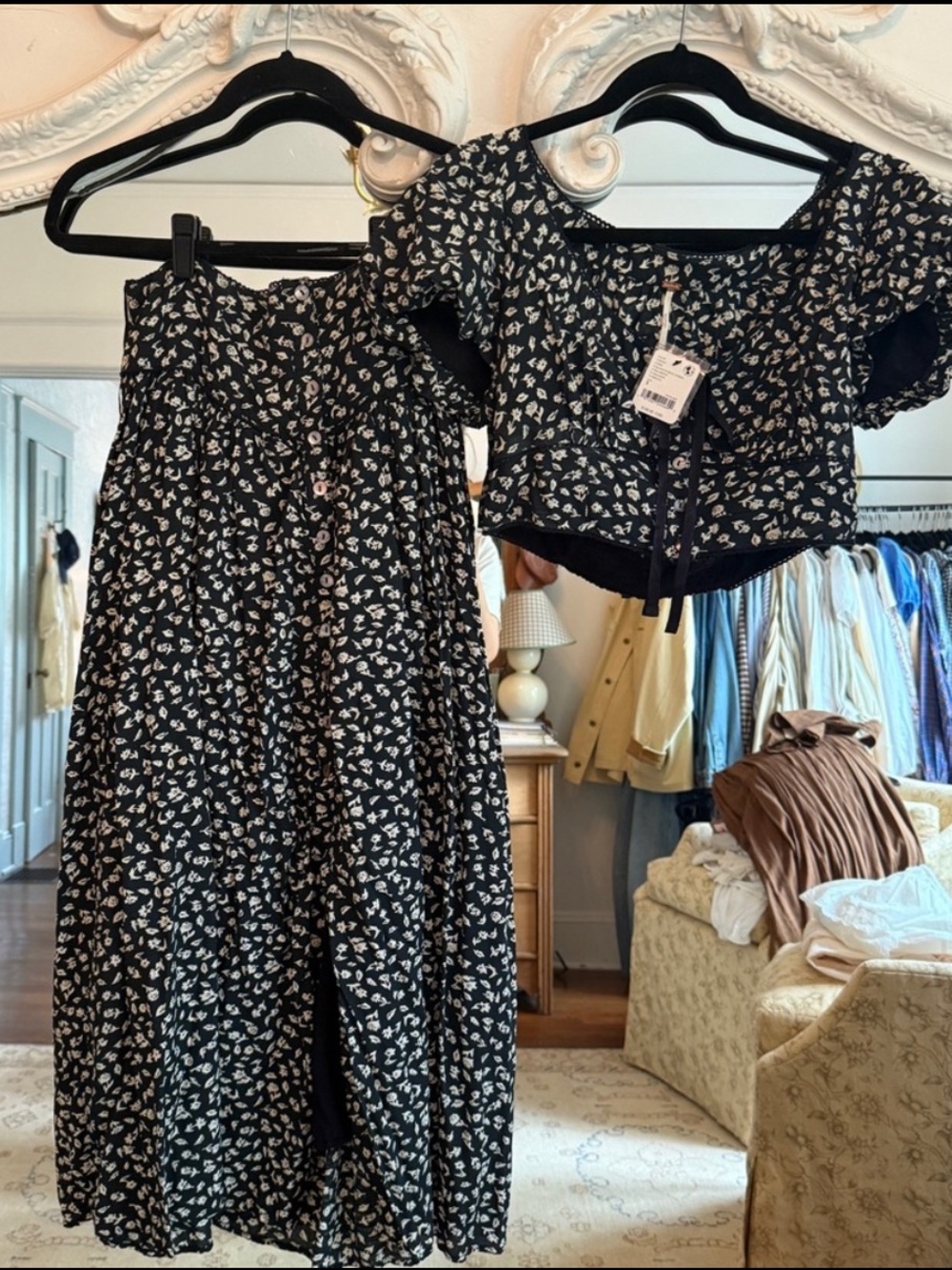 Free People Black Floral Maxi Skirt & Top Easy to Love Set Size Small NWT